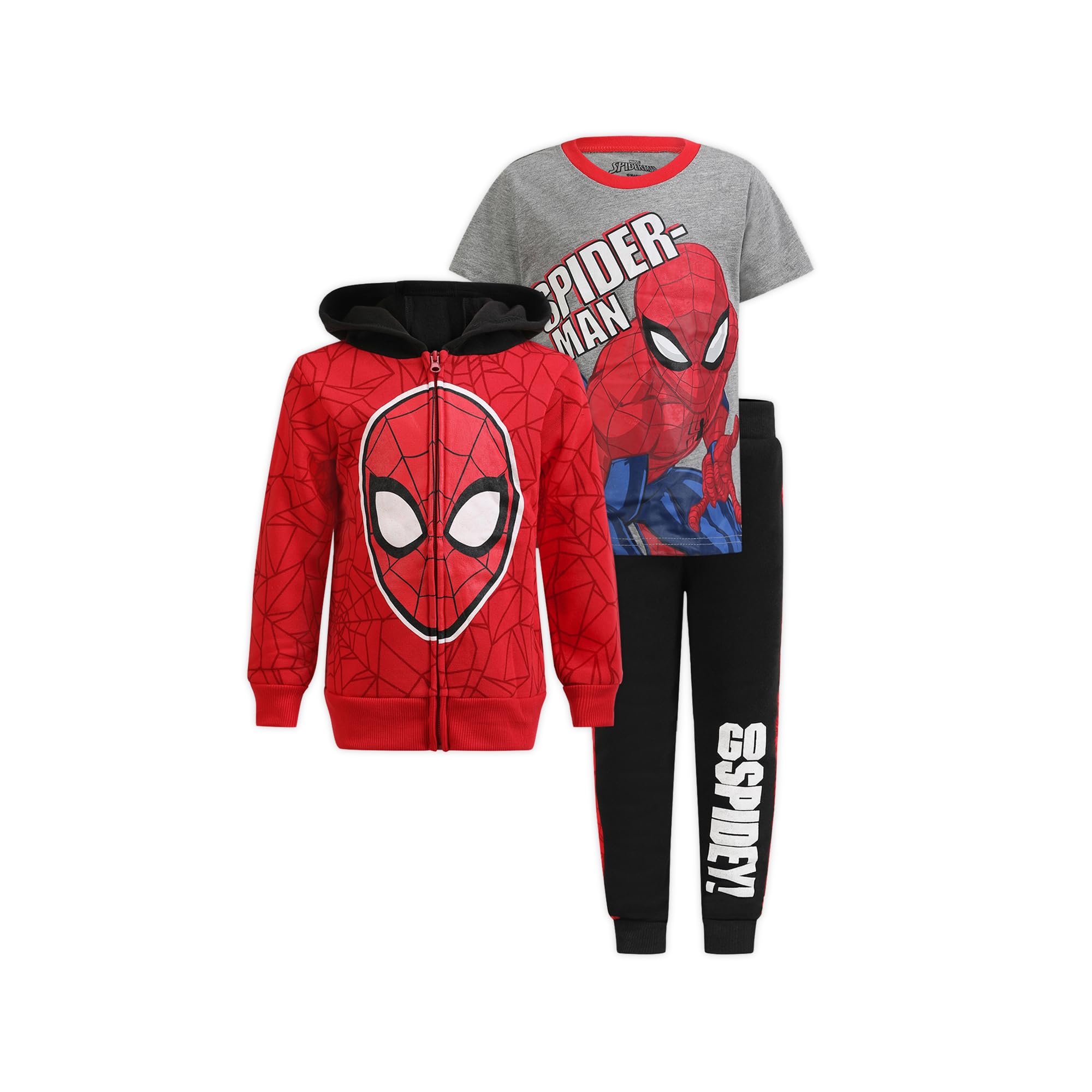Marvel Spider-Man Boys Zip Up Hoodie, T-Shirt, and Pants Set for Toddlers and Big Kids